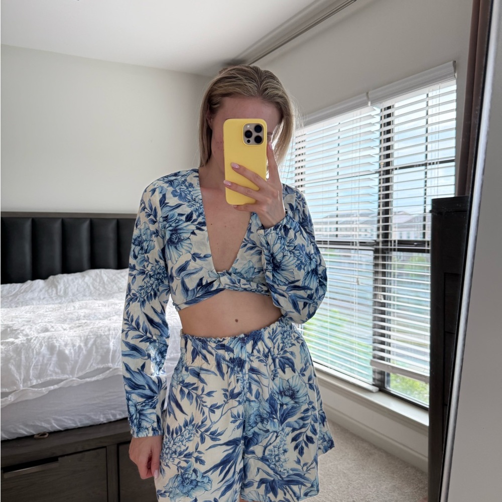 Blue Linen Floral Two-Piece Set
